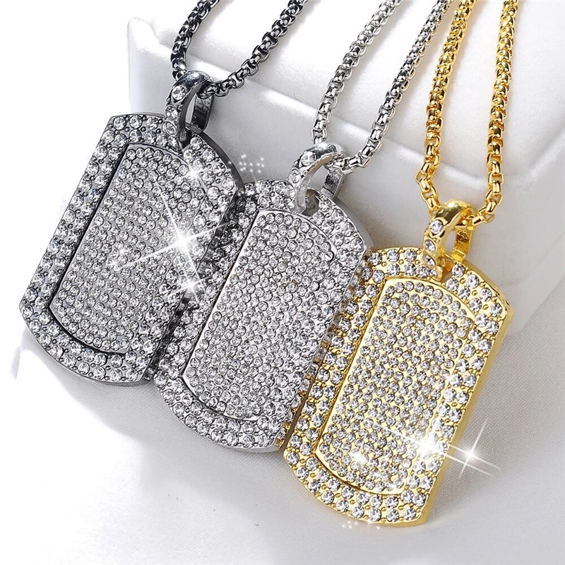 

Men's Pendant Filled Iced Out Rhinestone Gold Color Charm Square Dog Tag Necklace With Cuban Chain Hip Hop Jewelry