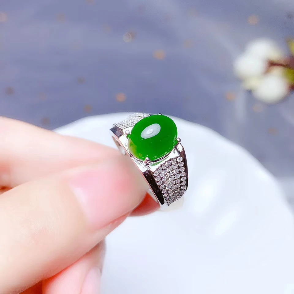 green Hetian jade ring for women with silver jewelry