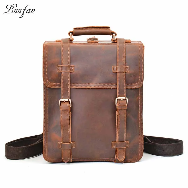 Мужской рюкзак из натуральной кожи, 14 дюймов, сумка для ноутбука, Crazy horse, кожаная деловая сумка-тоут, 2 использования, коровья кожа, рюкзак, сумка для выходных - Цвет: brown 1
