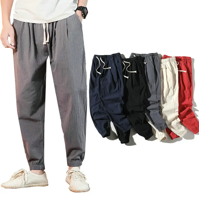 

2019 Summer Men Casual Pants Thin Cotton Linen Straight Trousers Elastic Waist Baggy Joggers Harem Pants Hip Hop Streetwear