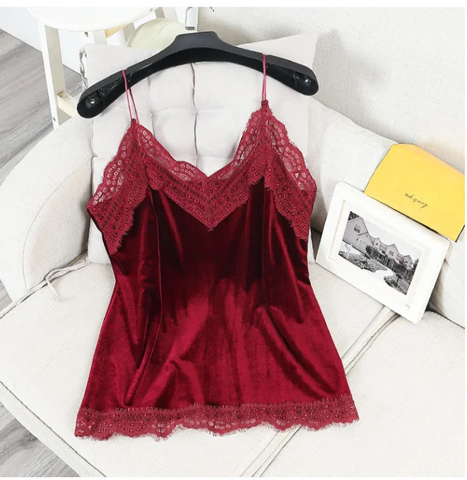 

Amolapha Women Lace V-Collar Velvet Straps Tops Solid Camisole Vest Female Woman Casual Shirts