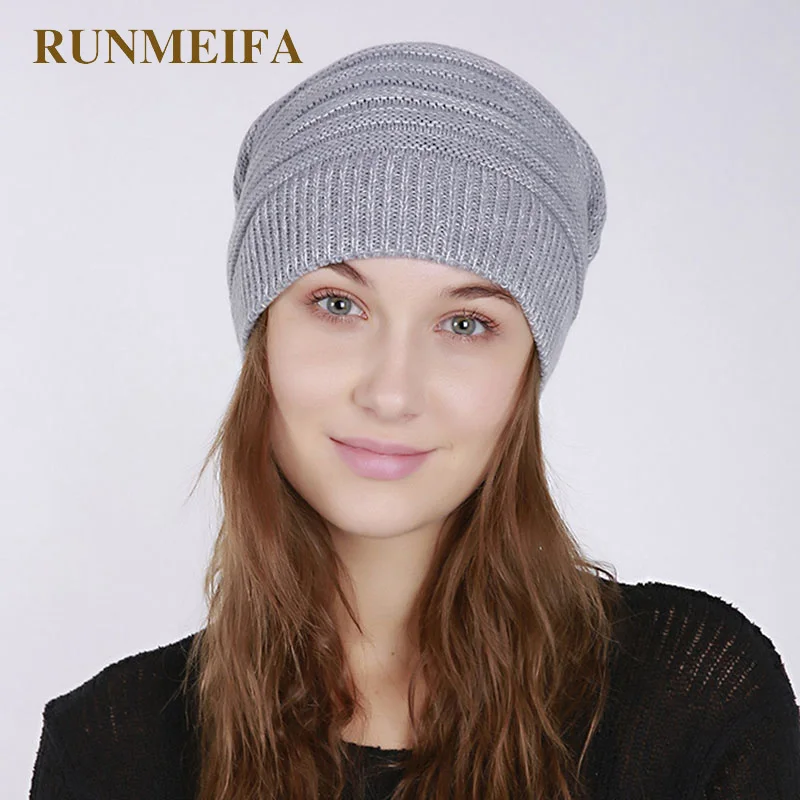 Runmeifa новые женские трикотажные акриловые Полосатый шляпа Skullies зимние теплые шапочки Кепки для Для женщин капот Шапка-бини женский Шапки