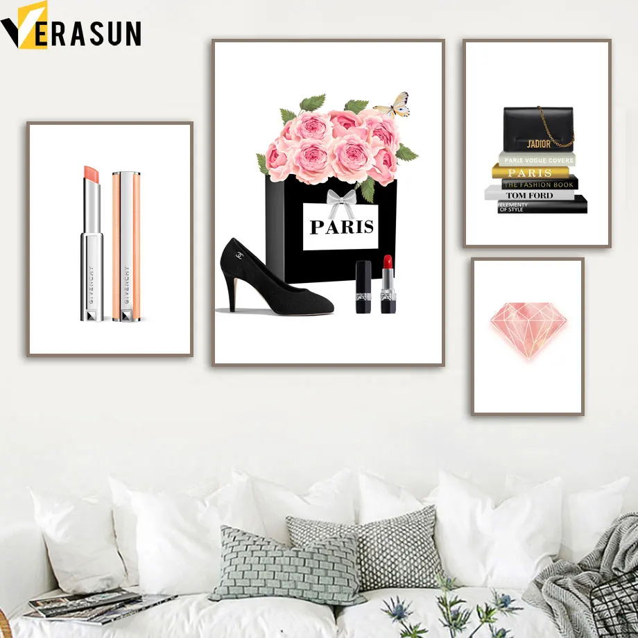 

Book Handbag Lipstick High Heels Diamond Wall Art Canvas Painting Nordic Posters And Prints Wall Pictures For Living Room Decor