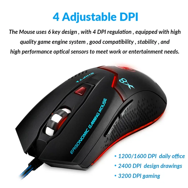 Imice-ratón óptico ajustable para juegos por USB, Mouse ergonómico para ordenador portátil, PC, X8, 3200 DPI Imice-ratón óptico ajustable para juegos por USB, Mouse ergonómico para ordenador portátil, PC, X8, 3200 DPI