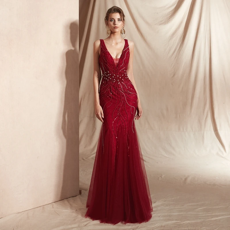 

Wine Red Prom Dresses Luxury Beading Champagne Mermaid Sleeveless Lace V Neck Backless Long Floor Length Elegant Evening Gowns