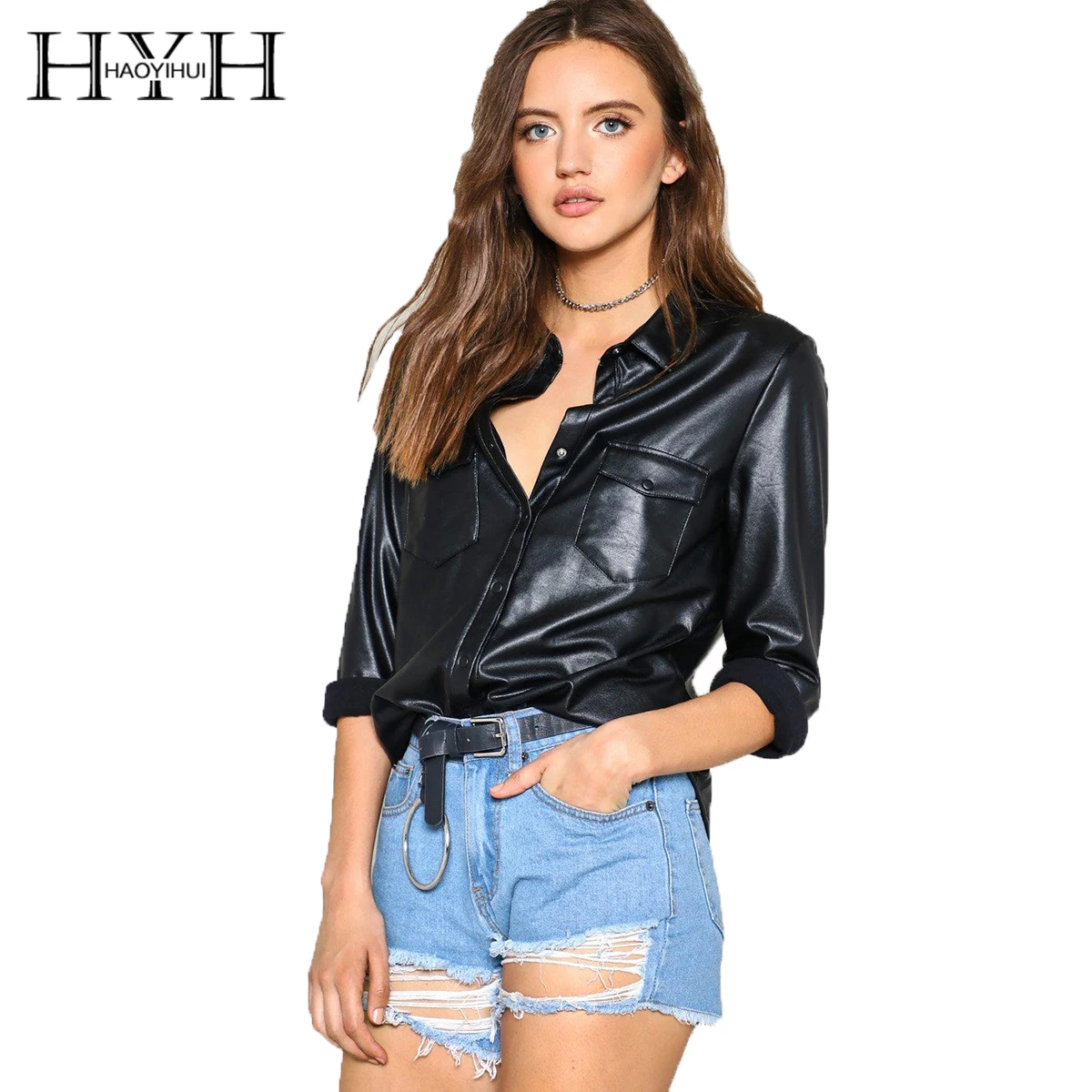 HAOYIHUI 2017 Fashion Womens PU Single Botton Pockets