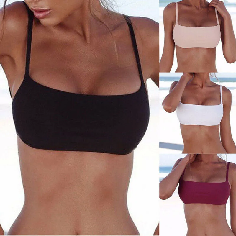 

2019 Solid Unpadded Bikini Top Women Strap Push-Up Swimwear Swimsuit Black White Pink Beachwear Bathing Suit