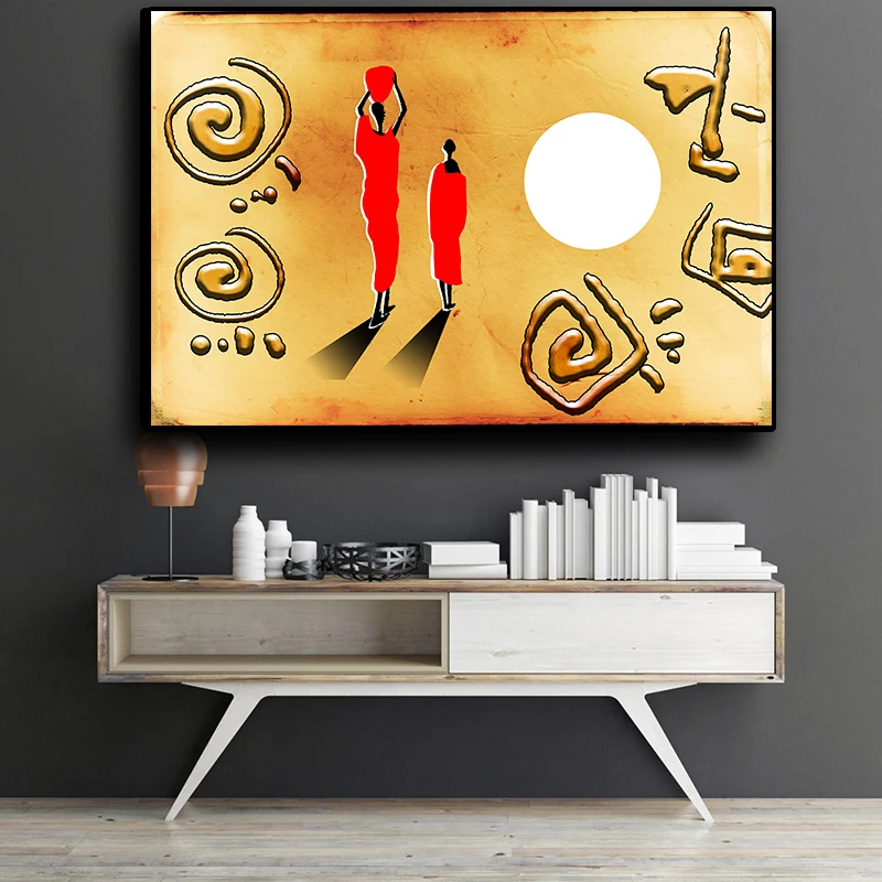 

Sunset African Figure Gold Abstract Geometry Oil Painting on Canvas Posters and Prints Cuadros Wall Art Picture for Living Room