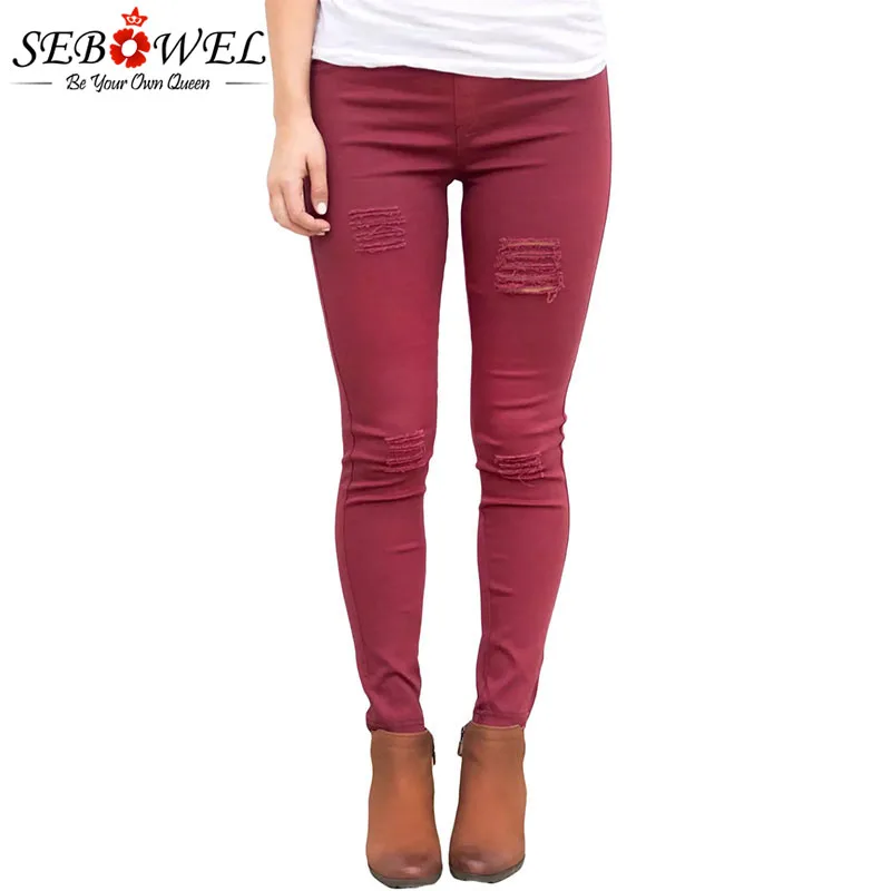 

SEBOWEL Burgundy Distressed Stretch Mid Rise Slim Jeans Pants Woman Female Black Ripped Holes Skinny Ladies Denim Pencil Pants