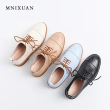 MNIXUAN/Модная Повседневная однотонная женская обувь; оксфорды на плоской подошве на низком каблуке; Новинка года; весенняя женская обувь из натуральной кожи с круглым носком на шнуровке; Цвет Черный