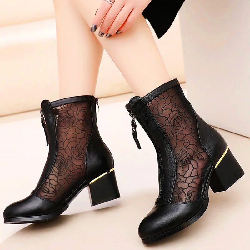 

2019 spring and summer fashion sexy leather net boots high-heeled women's lace sandals round head wild women's shoes.