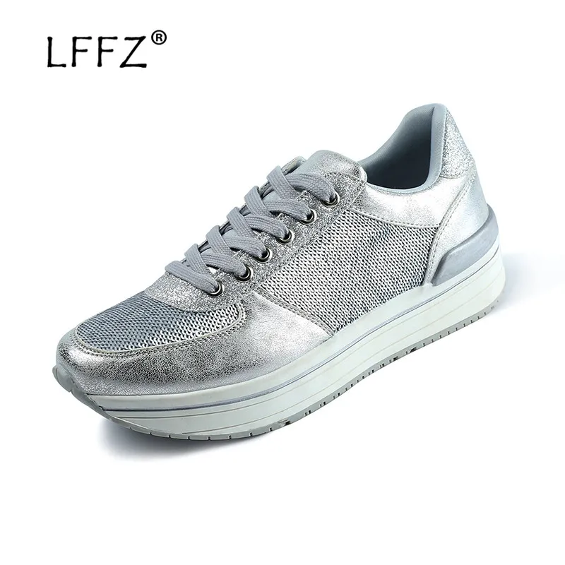 LFFZ/Новый дизайн женская обувь на плоской подошве модные блестящие кроссовки с