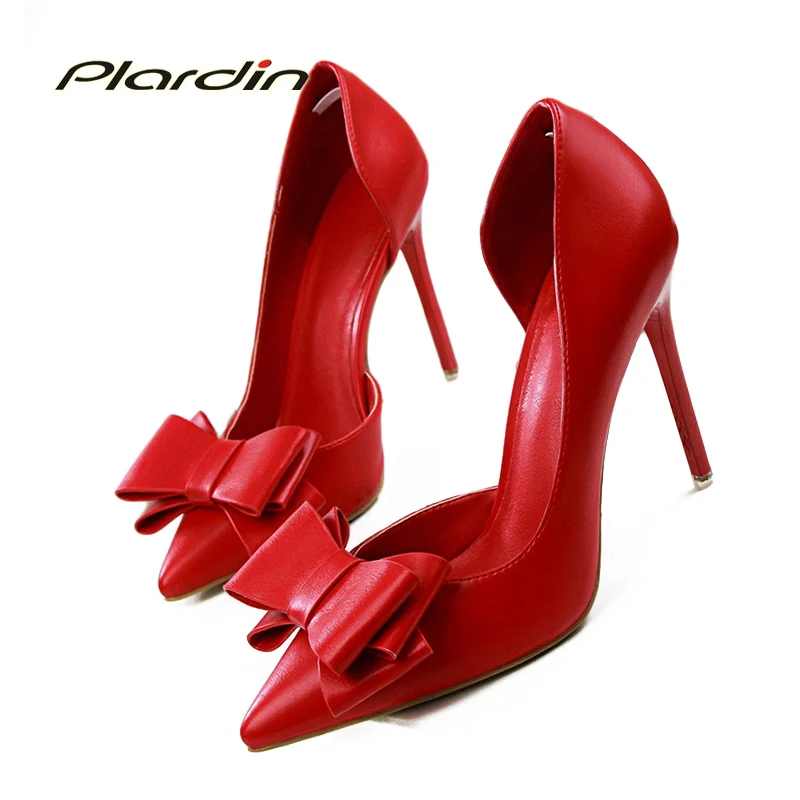 

2019 Shoes Woman Fashion Sweet Bowtie Pointed Toe Sexy Women Party Shallow Mouth Side Hollow Women Thin High Heel Women Pumps