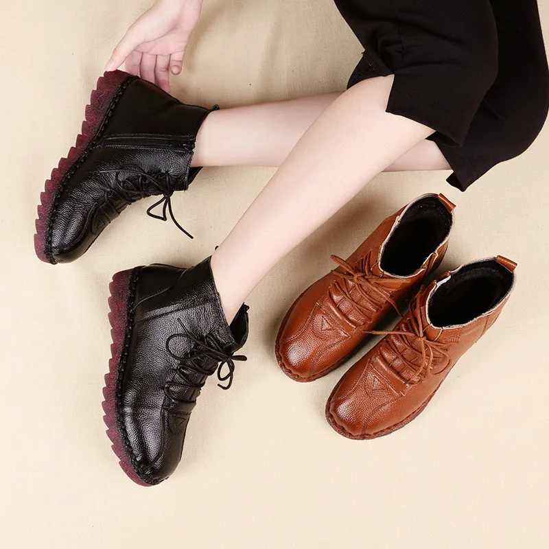 SWONCO Women High Top Ankle Boots Platform Winter Warm Shoes Women Genuine Leather Snow Boots Fur Shoes Cotton Padded