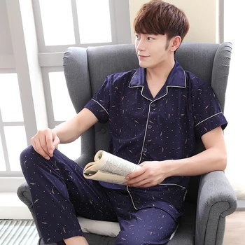 

summer new arrival fashion pajamas set for men sleeping cloth 100% cotton turn-down collar print male pyjamas pijamas de hombre