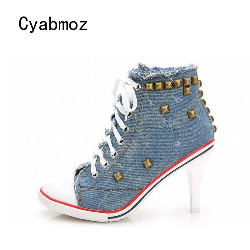 Cyabmoz/Модная Джинсовая парусиновая обувь женская на высоком каблуке со шнуровкой