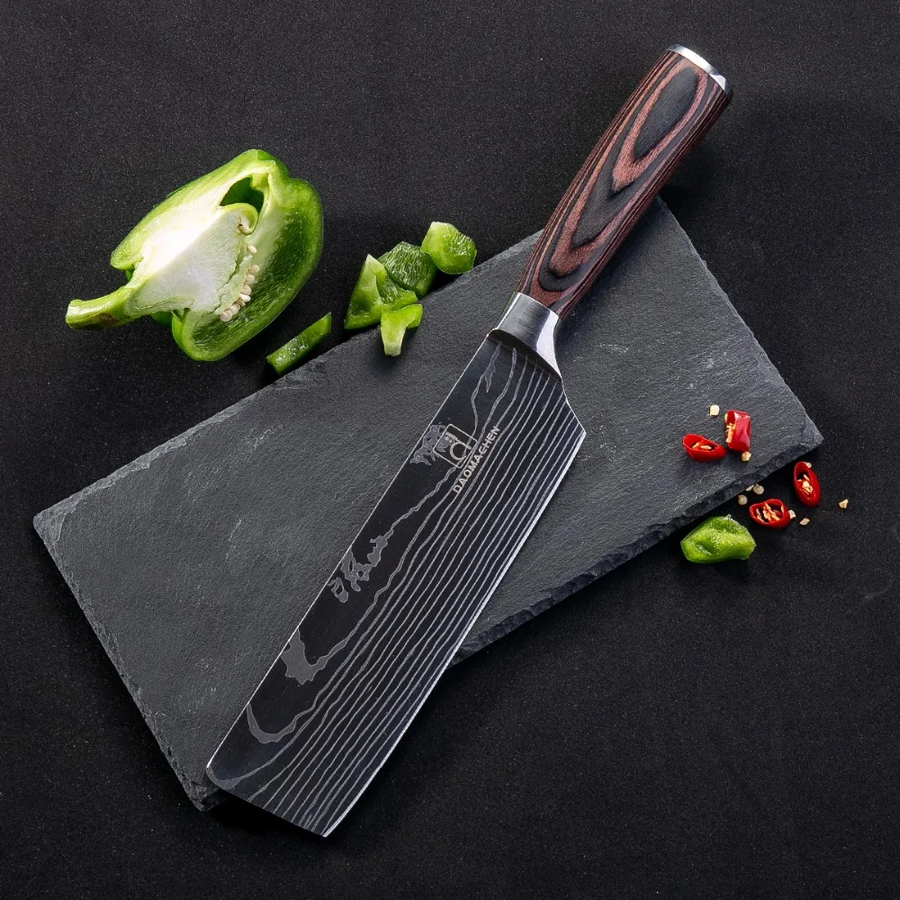 DAOMACHEN кухонный нож шеф-повара 8 дюймов японский высокоуглеродистой нержавеющей стали Шлифовальный лазерный узор нож для овощей Santoku