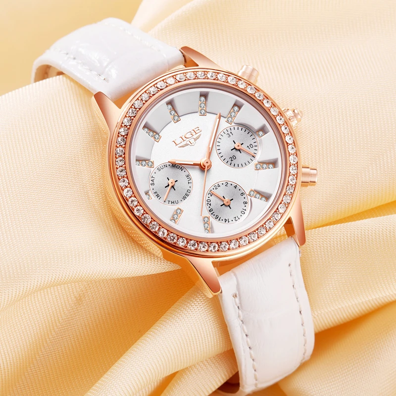 LIGE модные брендовые женские часы с бриллиантовым циферблатом, роскошные золотые кожаные женские часы, женское платье, часы с календарем, relogio feminin