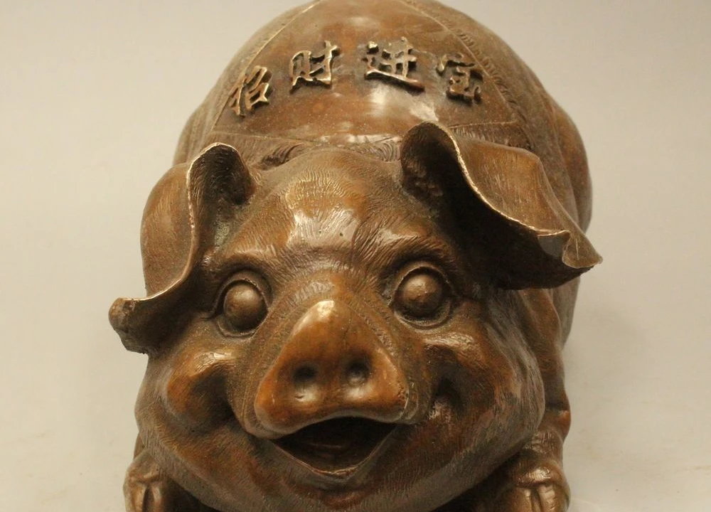

6" Chinese Folk Feng Shui Copper Wealth Zodiac Year Pig gourd Statue Sculpture