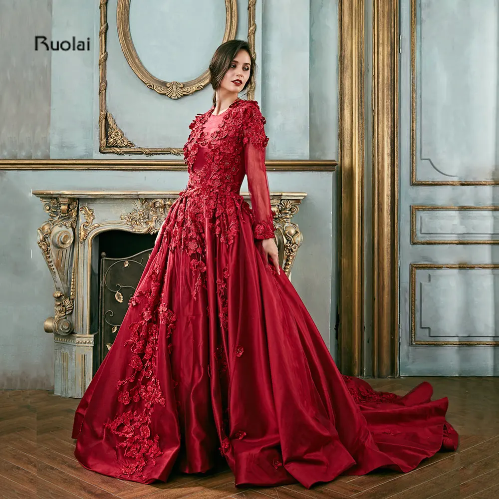 Red Muslim Evening Dress Long 3D Appliques Long Sleeves Ball Gown Arabic Evening Gown for Women Evening Dress Red Muslim Evening Dress Long 3D Appliques Long Sleeves Ball Gown Arabic Evening Gown for Women Evening Dress