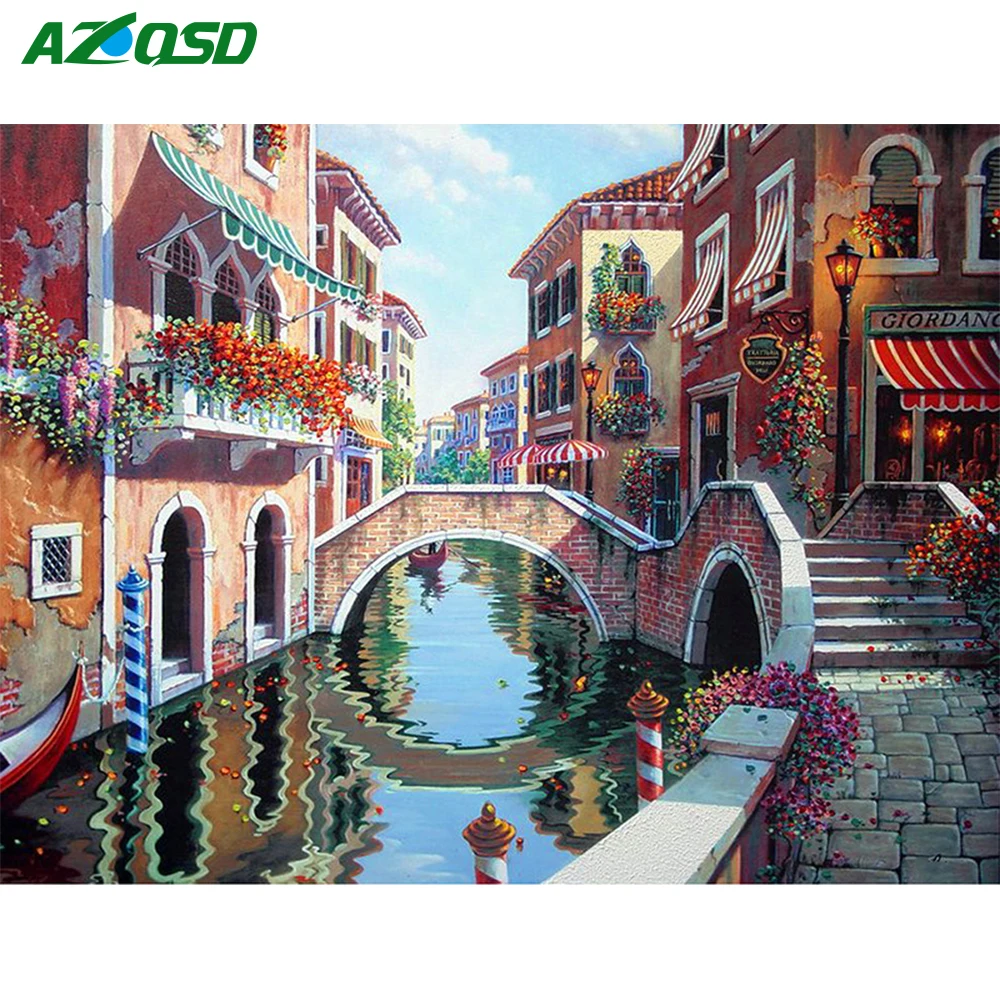 

AZQSD Landscape Diamond Painting Cross Stitch Needlework Mosaic Full Square Bridge 5D DIY Diamond Embroidery Home Decor BB10556