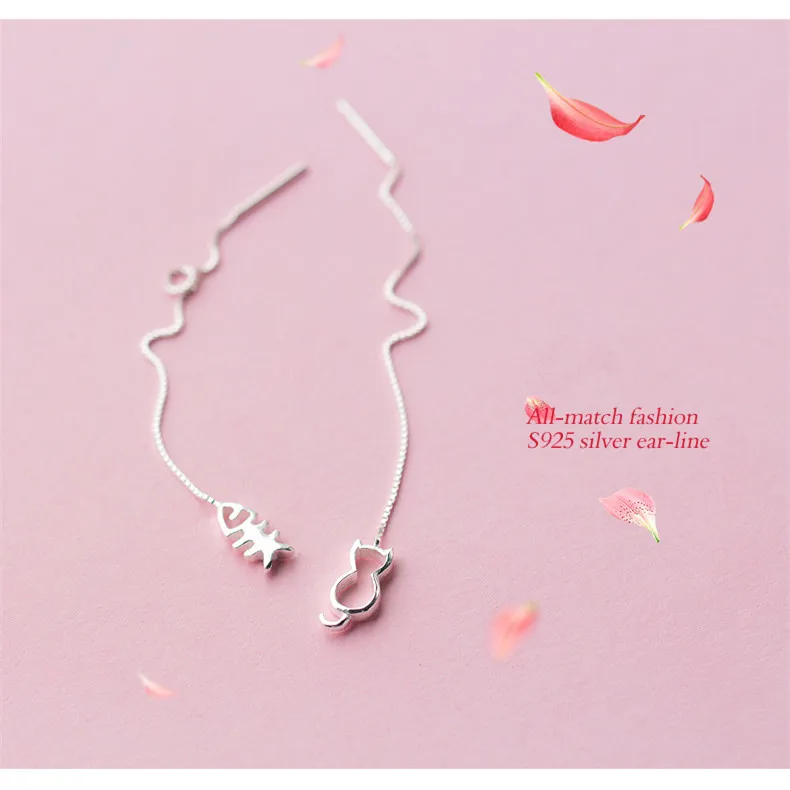 925 Sterling Silver Earrings Ear Threads Fish and Cat