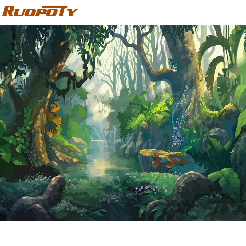 

RUOPOTY Frame Forest DIY Painting By Numbers Kit Landscape Acrylic Paint By Numbers On Canvas Handpainted Oil Painting Home Arts