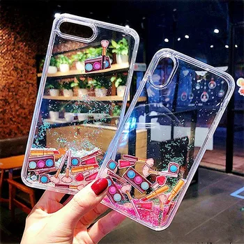 

Liquid Quicksand Phone Case For iPhone XS Max Case XR 7 8 Plus 11 Pro max Hard Plastic Dynamic Makeups Lipstick Foundation Cover