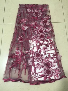 

african lace fabric with 3 d applique beads 2018 wine red lace fabric high quality flowers tulle lace fabric for evening dress