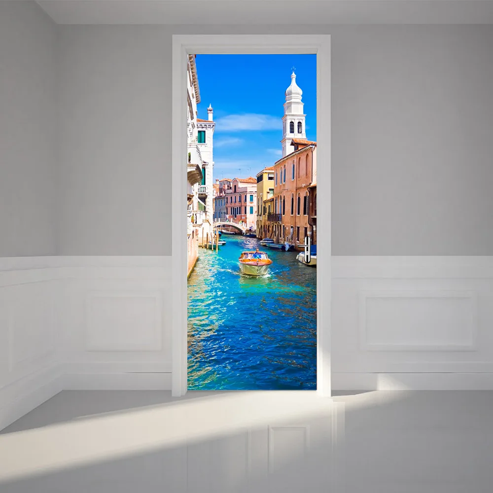 Hot Sale 3D Beautiful Landscape Door Stickers For Living Room Bedroom PVC Adhesive Wallpaper Home Decor Waterproof Mural Decal