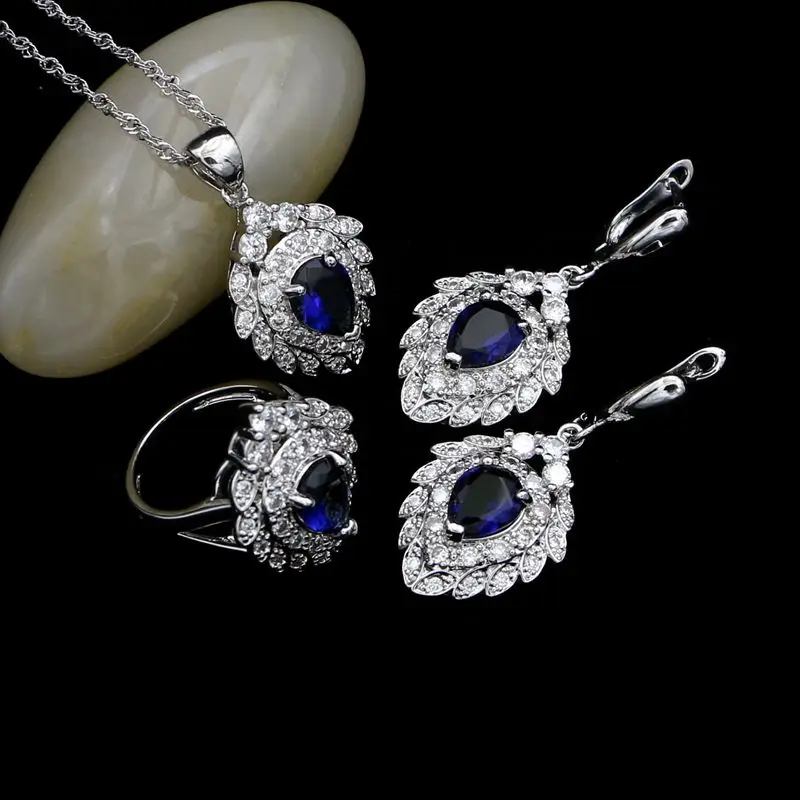 

925 Sterling Silver Jewelry Sets For Women White Crystal Blue CZ Stawberry Shaped Earrings/Pendant/Necklace/Ring Set