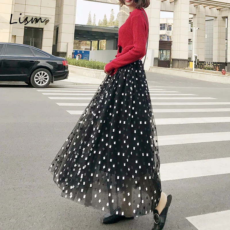 

LISM Black Tulle Ladies Skirts Elegant Plaid Printed Elastic High Waist Pleated Spring Skirt Long Skirts For Women Summer