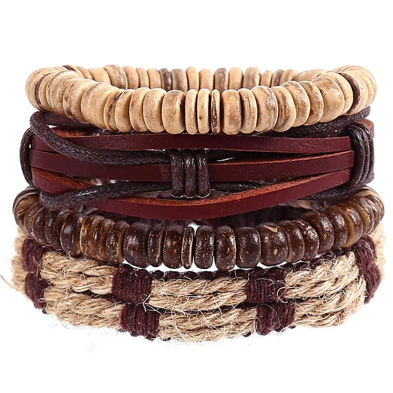 

4pcs/set hippie punk dark brown leather band coconut wood beads hemp cord knots wrap wide stackable Bracelets Bangles for man