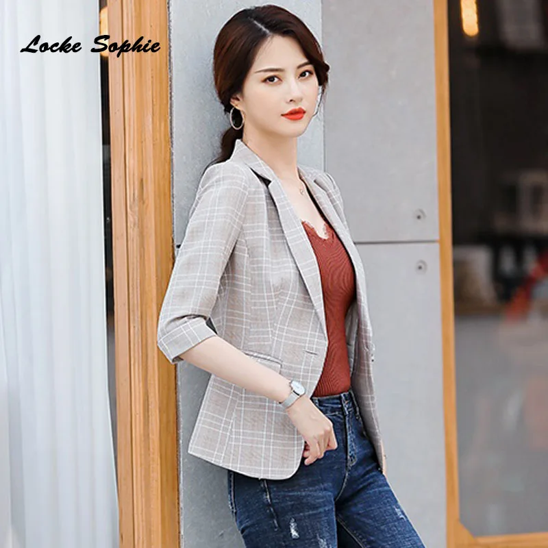 1pcs Women Plus size Blazers coats 2019 Summer cotton blend plaid Slim fit Small Suits jackets ladies Skinny Blazers Suits coat
