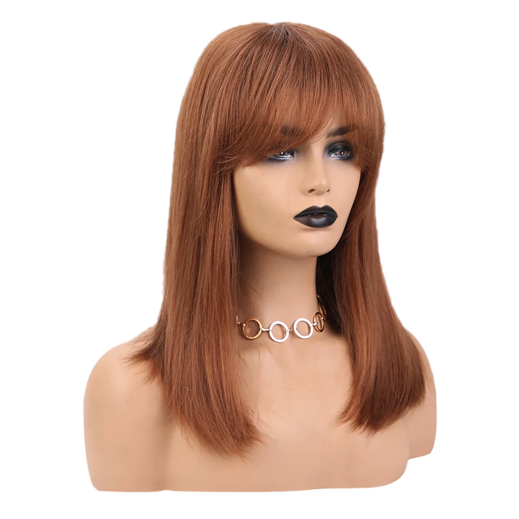 Silky Human Hair Wigs with Air Bangs Light Brown Medium Straight Human Hair Wigs for Women(Straight 24inch