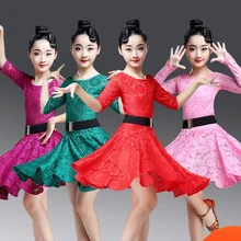 Новинка, кружевное детское сексуальное бальное платье, платье для танго, сальсы, латинских танцев, детское кружевное платье для девочек красного/розового/зеленого цвета с длинными рукавами