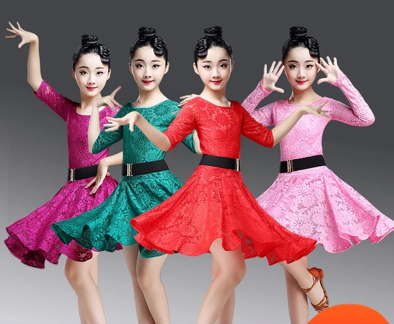 

Lace Kids Newest Sexy Ballroom Dresses Tango Salsa Latin Dance Dress Children Red/ Pink /green Lace Dress For Girls Long Sleeve