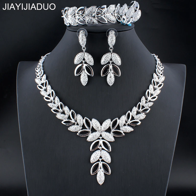 

jiayijiaduo Silver Color Wedding Jewelry Set 4PS Leaf Necklace Earrings Bracelet Ring Set for Women's Dresses Accessories new