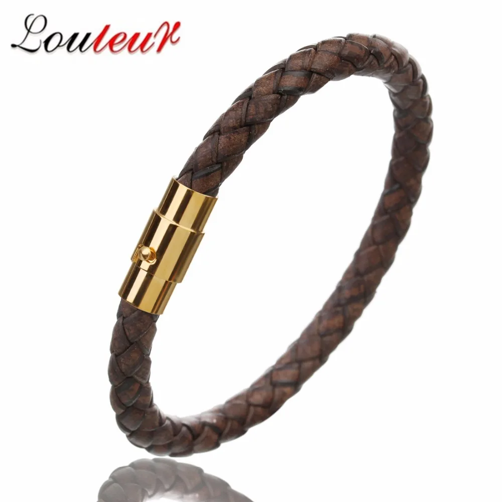 Handmade Gold Color Vintage Men Leather Bracelets Stainless Steel Magnetic Clasp Braided