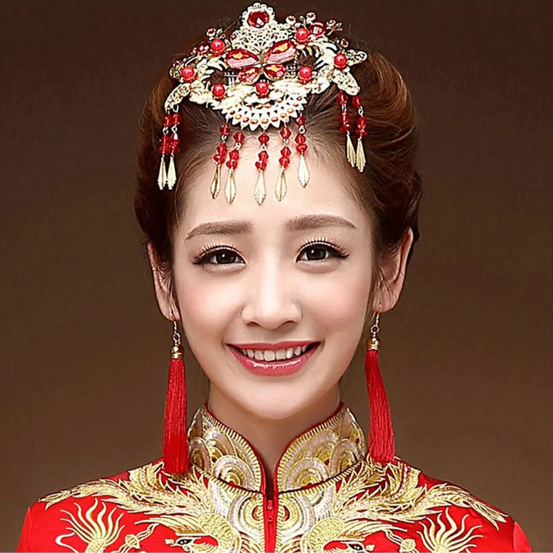 Винтажные китайские стили волос классические украшения традиционный свадебный головной убор свадебные красные аксессуары для волос позолоченный головной убор Корона