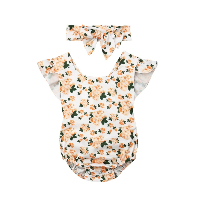 

Lovely Newborn Baby Girls Floral Bodysuit Girls Jumpsuit+Headband Outfits Set Sunsuit Cotton Baby Girl Bodysuits Roupa Menina