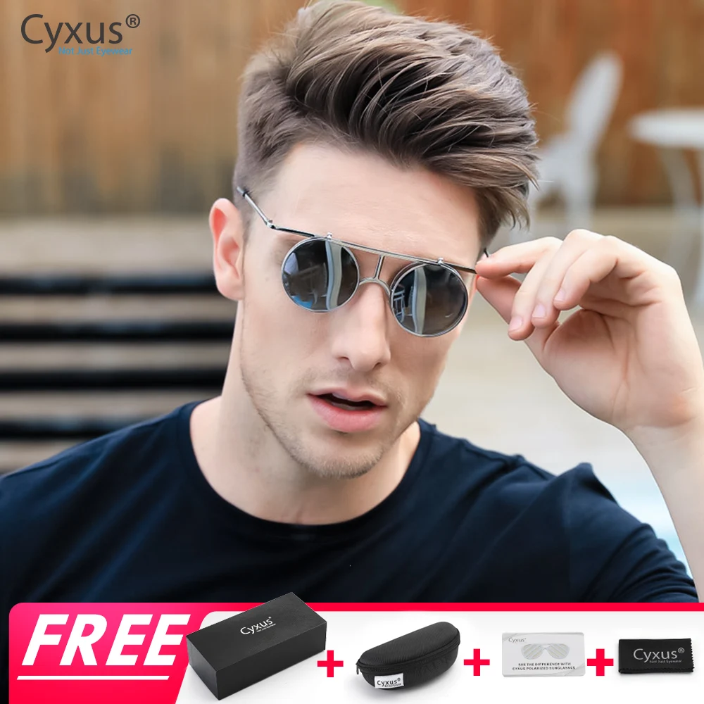 Cyxus унисекс Ретро двойные сложенные Круглые Солнцезащитные очки Uv400 поляризованные очки для мужчин и женщин металлическая оправа 1970
