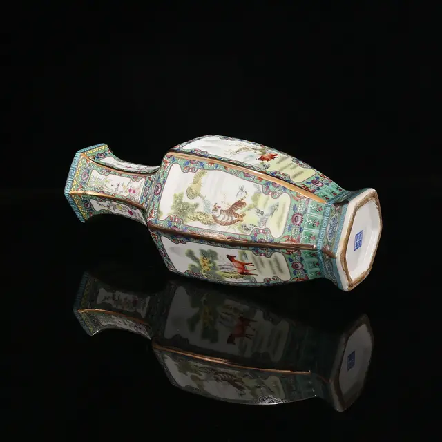 Enamel Ceramic Vase Painting in Qianlong Year Mark Golden Zodiac Hexagonal Vase Antique Porcelain Collection 6