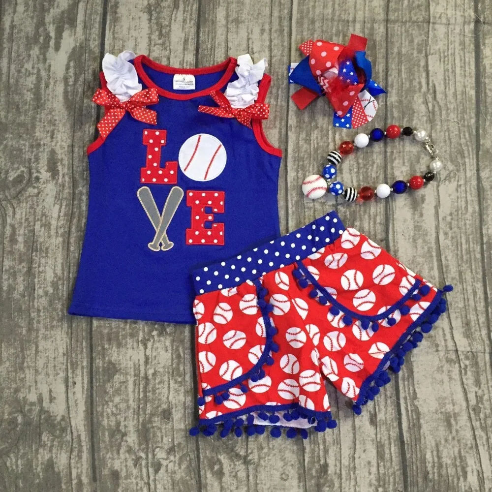 

new baseball season design girls kids Love summer shorts outfits patriotic clothes with matching necklace and headband pom-pom