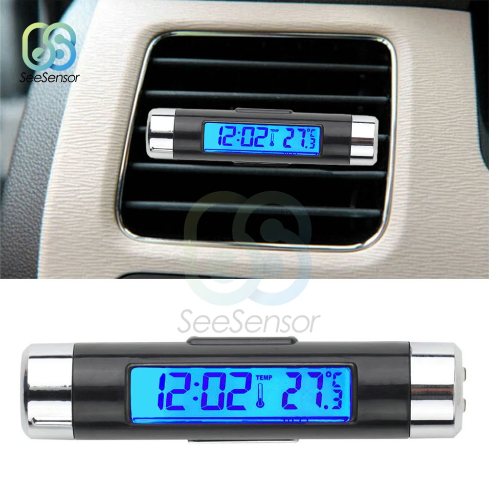 2 в 1 Авто термометр электронные часы ЖК-дисплей клип-на цифровой Температура Синяя подсветка автомобильные аксессуары