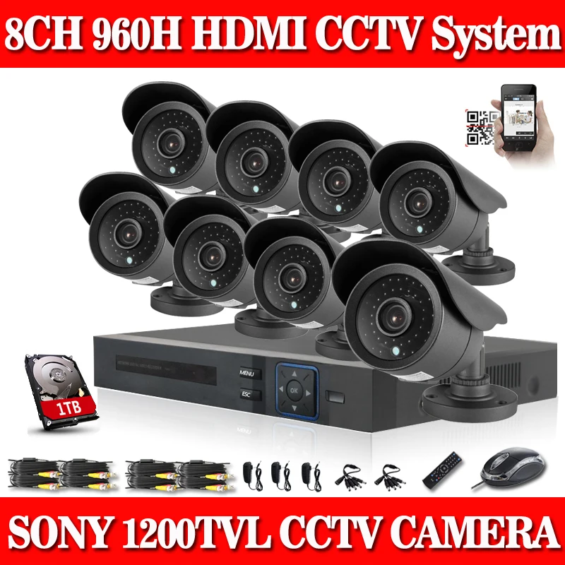 Home Security CCTV System 8CH DVR Kit HD White 8pcs 1200TVL SONY CCD Camera Support HDMI 1080P Output 3G wifi P2p Function 1TB