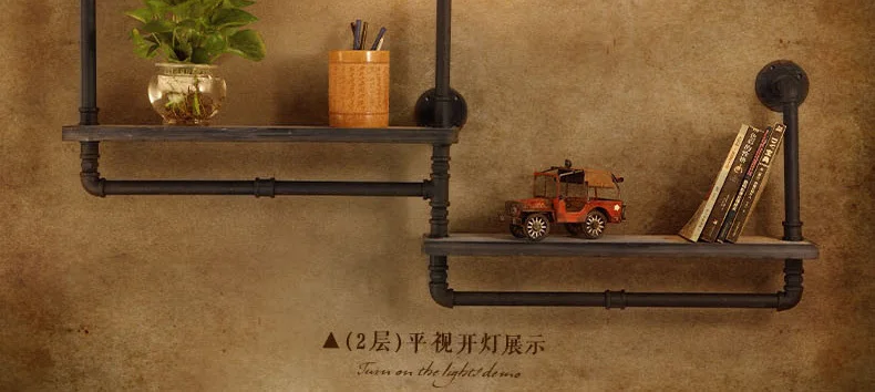 Vintage industry loft RH creative style retro water pipe wall lamp with wood shelf to decorate the cafe or restaurant.