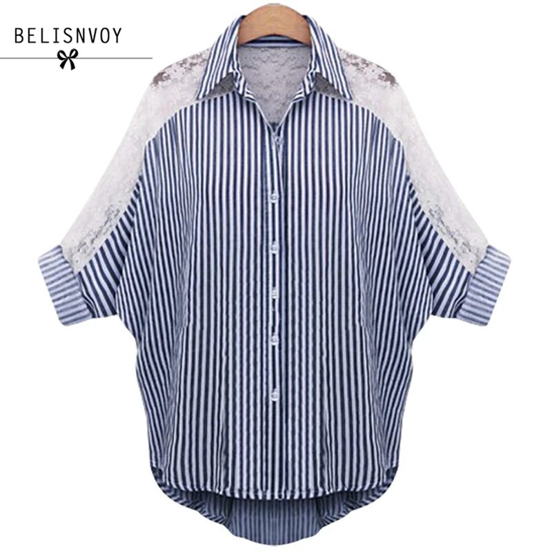 

L-5XL 6XL Plus Size Women Clothing 2019 Autumn Blouses Lace Shirt Turn Down Collar Striped Female Batwing Sleeve Tops Blusas