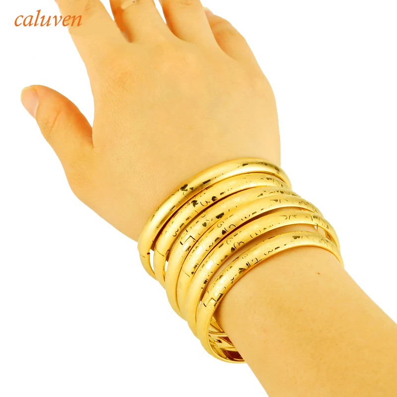 

6pcs/lot 8MM Dubai Bangles LOVE New Open Size Laser Gold Color Bangles for Women Ethiopian Bangles & Bracelets Women Gift