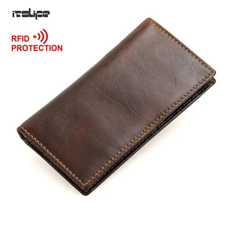 

New RFID blocking 100% genuine leather men's slim wallet Long Bifold Cowhide Card Holder RFID protection male Purse